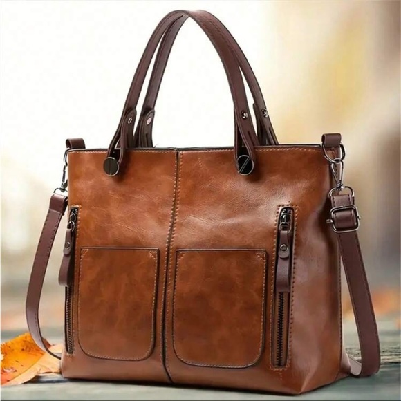 Classic camel Brown Zipper Minimalist Tote Bag - Picture 2 of 5